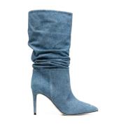Blå Læderstøvler med 85mm Hæl