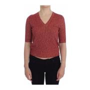 Rød uld tweed sweater med V-hals