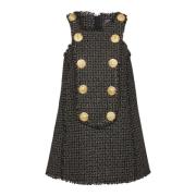 Ærmeløs lurex tweed kjole med knapper