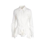 Hvid Tætsiddende Skjorte i Bomuldspoplin med Rynket Kant
