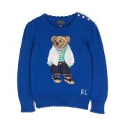 Blå Sweater med Skalperet Kant og Polo Bear Intarsia-Strik