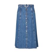 Denim Midi Nederdel med Juvelspænde