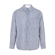 Blå Hand-Frayed Stribet Bomuldsskjorte