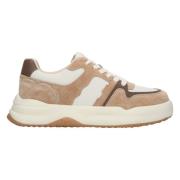 Kvinders Beige & Hvid Velour & Læder Lav-Top Sneakers ER00112595