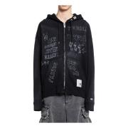 Sort Distressed Parka med Grafisk Print