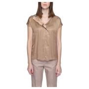 Trykt Beige Bluse Kort Ærme