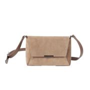 Beige Læder Crossbody Taske med Foldover Top