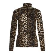 Leopard Print Bluse med Høj Hals