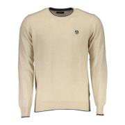 Beige Broderet Sweater med Rund Hals