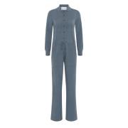 Blå Cashmere Knappet Jumpsuit med Lommer