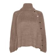 Taupe Gray Strik Poncho med Knapper