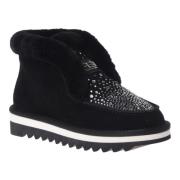 Ankle boots in black suede and sheepskin with rhinestones