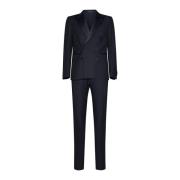 Blå Jacquard Satin Trim Suit Sæt