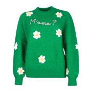 Grøn Daisy Crewneck Sweater med Broderi