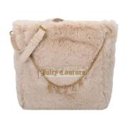 Beige Faux Fur Skuldertaske med Reversibelt Logo