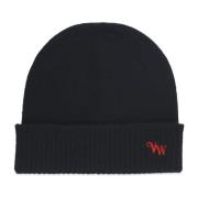 Sort Cashmere Beanie med Logo Broderi