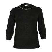 Sort Dyb Pullover Sweater med Glimmer Detalje