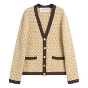 Beige Uld Cardigan med Jacquard Motiv