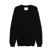 Sort uld fiskerstrik V-hals sweater