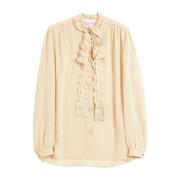 Beige Silke Ruffled Bue Skjorte