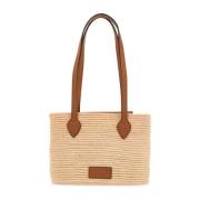 Beige Vævet Raffia Taske med Læderdetaljer