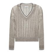 Stribet V-hals sweater med palietter