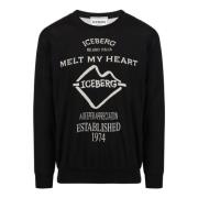 Sort crewneck sweater i dobbelt jacquard bomuld med grafik