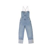 Denim Cargo Jumpsuit med Pink Snørebånd