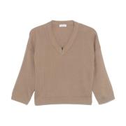 Perle Sweater Lys Brun Ribbet V-Hals