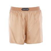 Beige Silke Stretch Shorts med Fløjl Linning