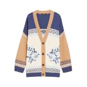 Jacquard V-Neck Cardigan Henry Blå Beige