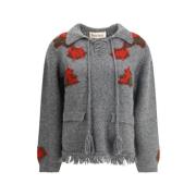 Ribbet V-hals sweater med broderede pynt