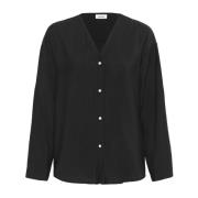 Elegant Sort Skjortebluse med V-Hals