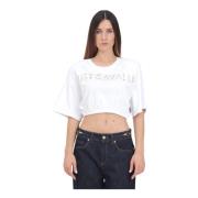 Hvid Logo Pyntet Crop T-shirt