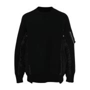 Sort Crew Neck Sweater med Lynlåslomme