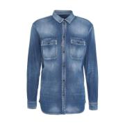 Blå Denim Skjorte Casual Distressed Look