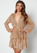 John Zack Sequin Deep V Ruffle Skater Dress Gold XXS (UK6)