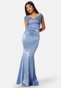 Goddiva Satin Bardot Pleat Maxi Dress Dusty Blue XXS (UK6)