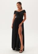 Goddiva Bardot Rouched Maxi Split Dress Black M (UK12)