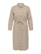 Carcaro Ls Linen Shirt Dress Wvn Knælang Kjole Beige ONLY Carmakoma