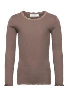 Beatha Silk T-Shirt W/ Lace Tops T-shirts Long-sleeved T-Skjorte Brown...