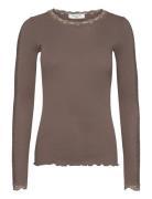 Organic T-Shirt W/ Lace1 Tops T-shirts & Tops Long-sleeved Brown Rosem...