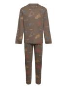 Pyjamas Ls Set Aop Pyjamassæt Khaki Green Minymo