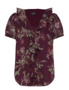 Floral Georgette Puff-Sleeve Blouse Tops Blouses Short-sleeved Burgund...