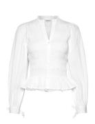 V-Neck Cotton Smock Blouse Tops Blouses Long-sleeved White Bubbleroom