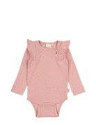 Body L/S Frill Modal Dot Bodies Long-sleeved Pink Petit Piao