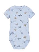 Body Ss Aop Rib Bodies Short-sleeved Blue Minymo