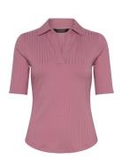 Rib-Knit Elbow-Sleeve Polo Tee Tops T-shirts & Tops Polos Pink Lauren ...