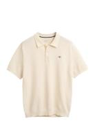 Textured Cotton Ss Polo Tops Knitwear Short Sleeve Knitted Polos Cream...