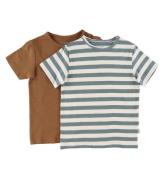 Minymo T-shirt - 2-pak - Hvid/GrÃ¸nstribet/Toffee